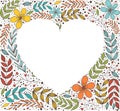 Floral border in the shape of heart, banner with leaf and flowers. Hand draw botanic vector stock illustration, EPS 10.