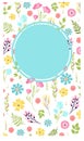 Floral border with various flowers and leaves around a blue circle. Spring or summer design for invitations or cards Royalty Free Stock Photo