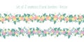 Floral border vector set seamless with stylized flowers. Spring or summer flower garland pink yellow orange blue, green Royalty Free Stock Photo