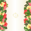 Floral border vertical with blooming various hibiscus and tropical leaves vector Illustration flower background with place for y Royalty Free Stock Photo