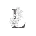 Floral botanical alphabet. Letter with plants and flowers.