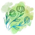 Floral botanical flower on watercolor green blobs. Isolated illustration element. Line art hand drawing wildflower on