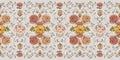 Floral, botanical horizontal ornament. Endless classical border with roses, plants, leaves. Colorful blossoms, buds.