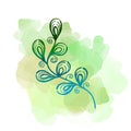 Floral botanical leave on green watercolor blots. Isolated illustration element. Line art hand drawing wildflower on Royalty Free Stock Photo