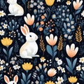 Floral botanical print with bunnies for baby textiles, packaging, wallpaper and design