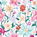 Floral botanical seamless pattern with colorful flowers and leaves. Feminine colorful cute hand drawn illustration on