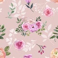 Floral botanical seamless pattern in vintage style. Pink and coral roses, ranunculus, green leaves on pastel pink background Royalty Free Stock Photo