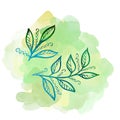 Floral botanical tropical leave on watercolor green splash and blot. Isolated illustration element. Line art hand Royalty Free Stock Photo