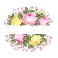 Floral bouquet with branch of roses in oval label with text place.