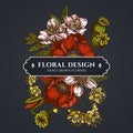 Floral bouquet dark design with almond, poppy flower, tilia cordata