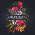 Floral bouquet dark design with impatiens, tigridia, aquilegia