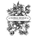 Floral bouquet design with black and white almond, poppy flower, tilia cordata