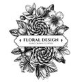 Floral bouquet design with black and white hibiscus, plum flowers, peach flowers, sakura flowers, magnolia flowers Royalty Free Stock Photo