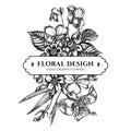 Floral bouquet design with black and white impatiens, tigridia, aquilegia