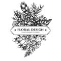 Floral bouquet design with black and white juniper, hypericum, turmeric