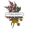 Floral bouquet design with colored astilbe, craspedia, blue eryngo