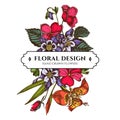 Floral bouquet design with colored impatiens, tigridia, aquilegia