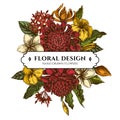 Floral bouquet design with colored plumeria, allamanda, clerodendrum, champak, etlingera, ixora