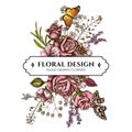 Floral bouquet design with colored shepherd`s purse, heather, iris japonica, sakura, gypsophila, almond, lemon butterfly