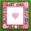 Floral bouquet frame with heart shape inside on green grass background, AI Generated