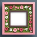 Floral bouquet frame with heart shape inside on green grass background, AI Generated Royalty Free Stock Photo