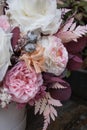 Floral bouquet in hat box. Beautiful delicate pink and white flowers in hat gift box grey color.