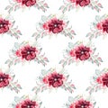 Floral bouquet seamless pattern watercolor clipart. Burgundy flowers and greenery illustration Royalty Free Stock Photo