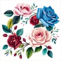 Floral bouquet, vector illustration. Red, white, and blue flowers roses Royalty Free Stock Photo