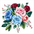 Floral bouquet, vector illustration. Red, white, and blue flowers roses Royalty Free Stock Photo