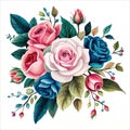 Floral bouquet, vector illustration. Red, white, and blue flowers roses Royalty Free Stock Photo