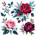 Floral bouquet, vector illustration. Red, white, and blue flowers roses Royalty Free Stock Photo