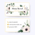 Floral business card design. Vintage anemone flower eucalyptus g Royalty Free Stock Photo