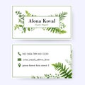 Floral business card design. Vintage, rustic eucalyptus green he Royalty Free Stock Photo