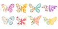 Floral butterflies. Summer butterfly with colorful flowers in wing shape, pretty insects vector Illustration set Royalty Free Stock Photo