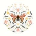 Floral butterfly with decorative design, round composition with different flowers and plants