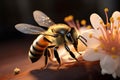 Floral Buzz Honey bees close up, gathering pollen in a realistic scene