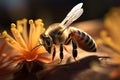 Floral Buzz Honey bees close up, gathering pollen in a realistic scene