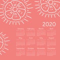 Floral calendar 2020. Flowers. Week starts on Sunday. English square calender design template