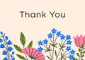 Floral card background. Spring delicate flowers on thanking gratitude postcard design with wildflowers. Blooming