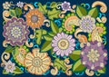 Floral card. Colored hand drawn pattern with flowers. Doodle background for web, printed media design. Royalty Free Stock Photo