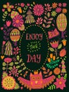 Floral card design, flowers and leaf doodle elements. Royalty Free Stock Photo