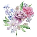 Floral card with flowers. Peony. Clematis. Hyacinth.