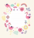 floral card, frame for text with cute flamingos