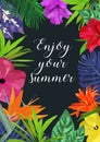 Floral card with frame for text Enjoy your summer. Isolated colo