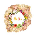 Floral card - Hello, ornate wreath. Meadow flowers, butterflies. Watercolor Royalty Free Stock Photo