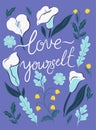 Floral card with the inscription Love yourself. Vector graphics Royalty Free Stock Photo