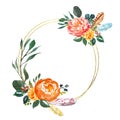 FLoral card temlate in bohemian style. Gold hoop wreath with watercolor pink and orange peony and green leaf. Flowers frame Royalty Free Stock Photo