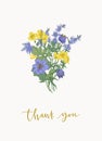 Floral card template with gorgeous bouquet or bunch of purple and yellow meadow blooming flowers and wild flowering