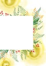 Floral card template with red berries, fern, green branches, yellow wildflowers, watercolor splashes. Forest frame. For Royalty Free Stock Photo