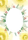 Floral card template with red berries, fern, green branches, yellow wildflowers, watercolor splashes. Oval forest frame Royalty Free Stock Photo